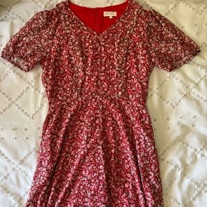 Red Floral Dress - knee length, pockets
